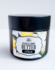 hand and body butter, made with jojoba oil, beeswax, mango butter, and coconut butter, 2 ounces, lemon scented.