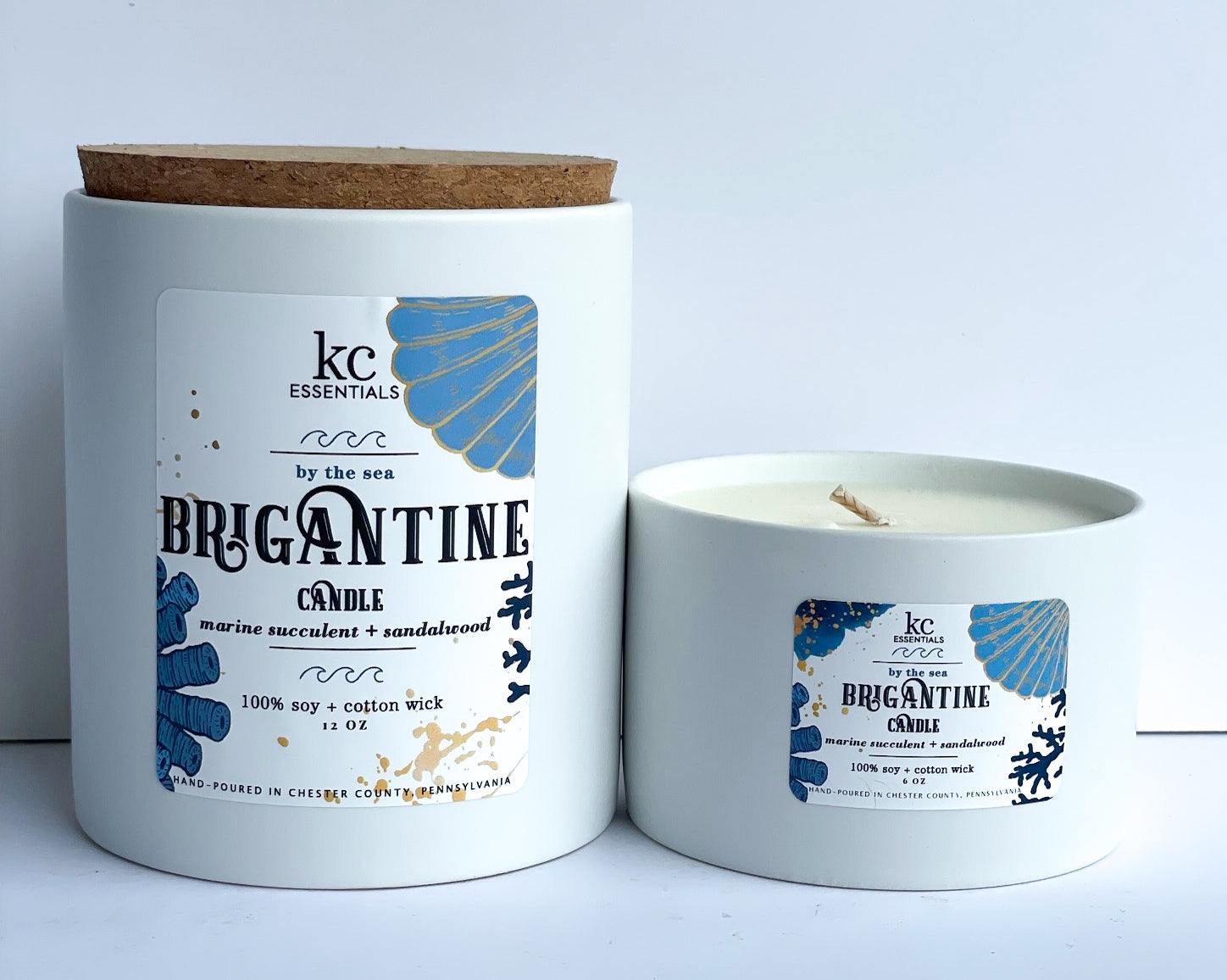 Brigantine beach 12 ounce candle made with 100 percent soy, cork lid included.