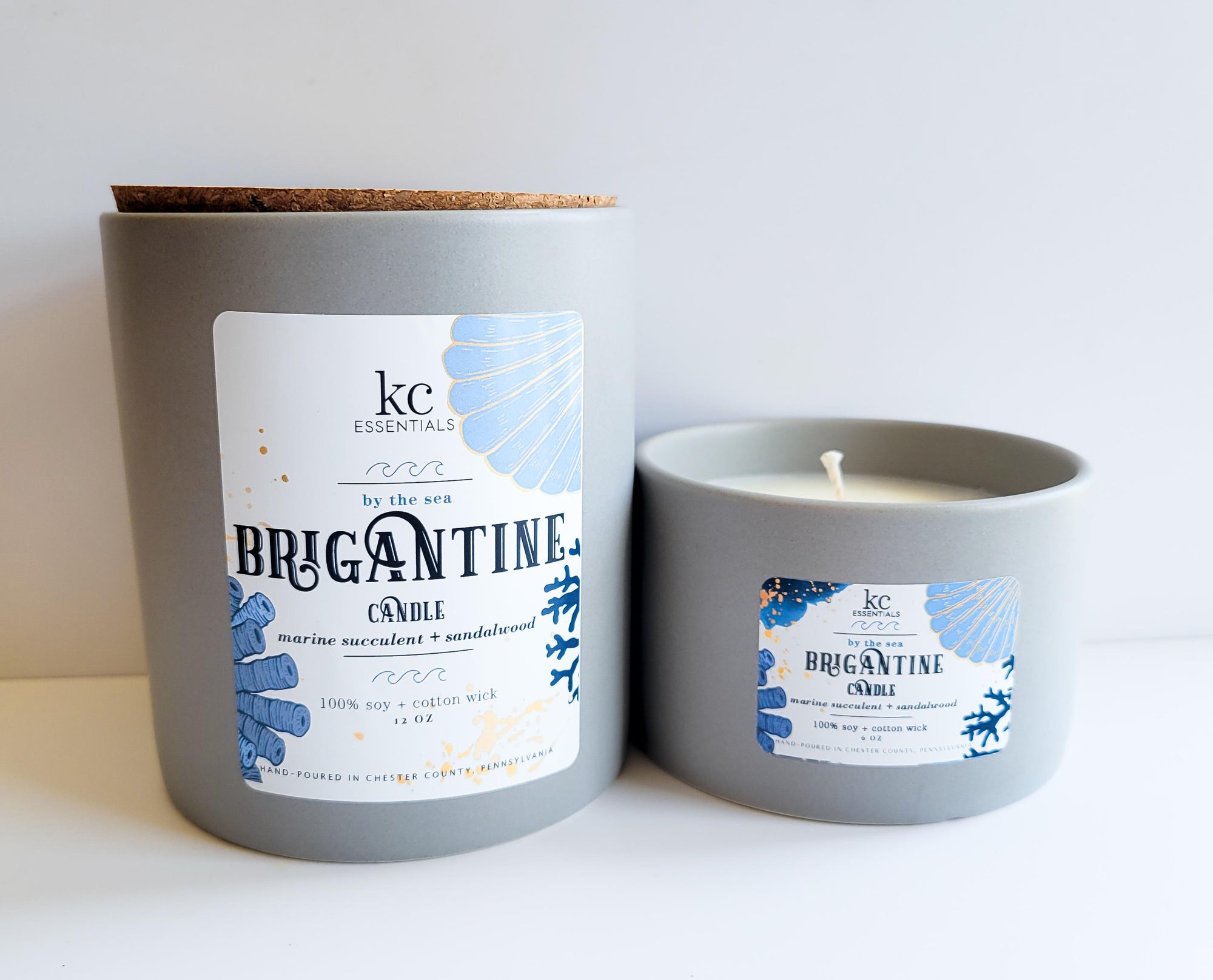Brigantine beach 12 ounce candle made with 100 percent soy, cork lid included.