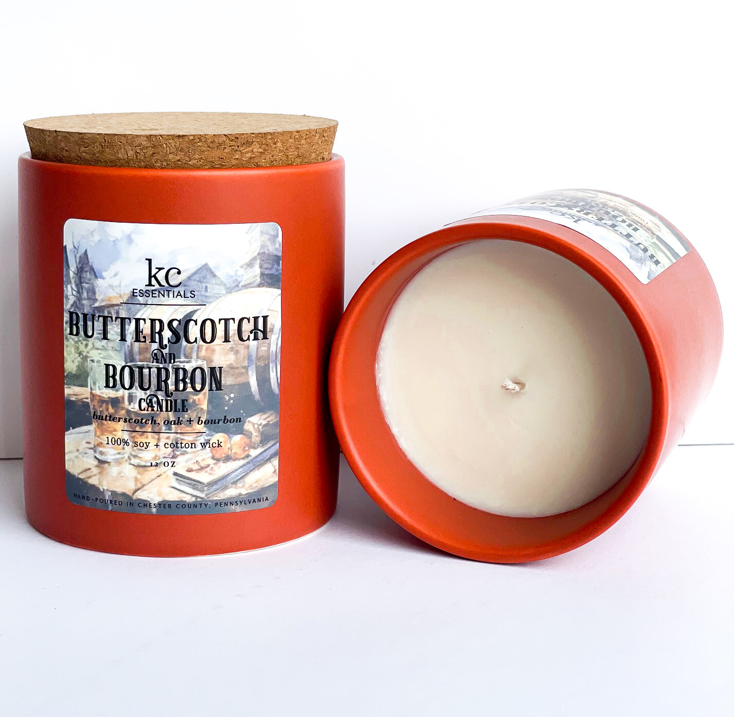 Butterscotch and Bourbon soy candle, 100 percent soy and cotton wick candle, 12 ounces, orange color vessel.