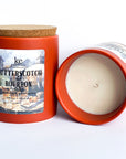 Butterscotch and Bourbon soy candle, 100 percent soy and cotton wick candle, 12 ounces, orange color vessel.