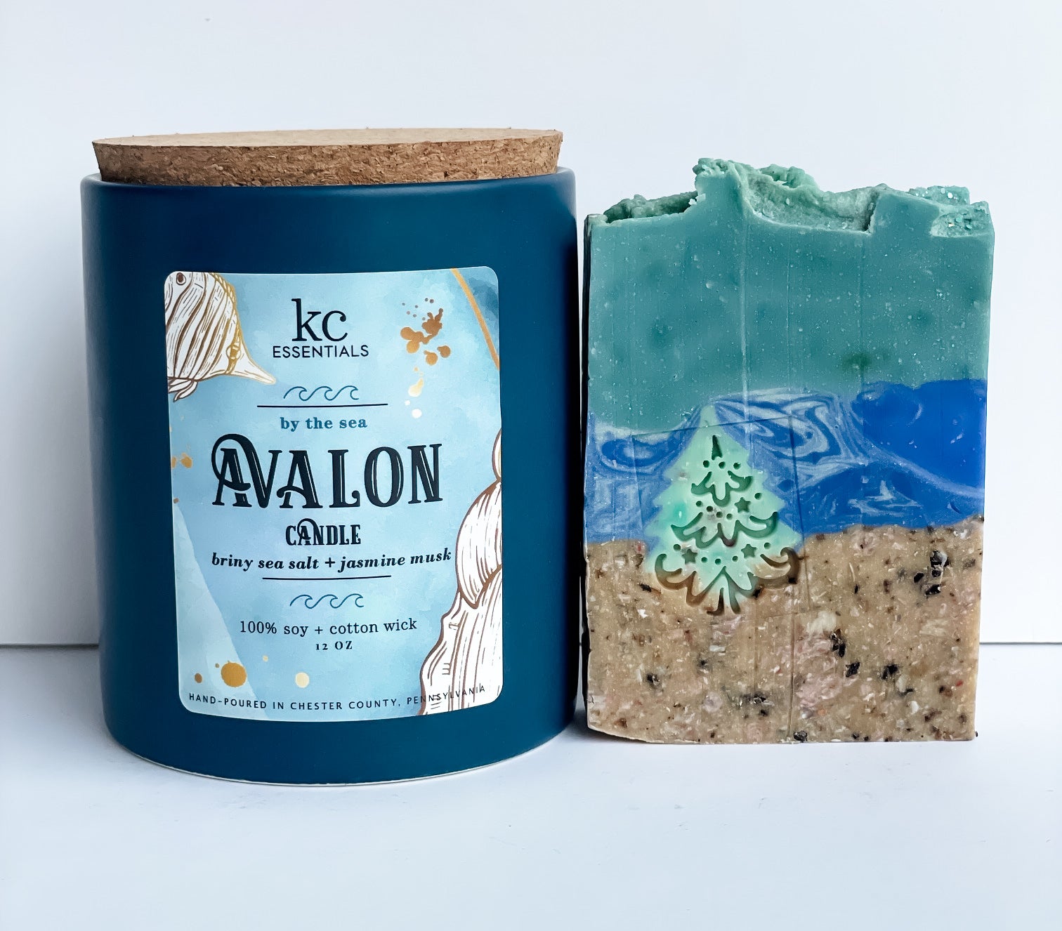 Avalon christmas beach gift set includes handcrafted christmas on the beach soap bar, 5.5 ounces, Avalon candle, 12 ounces, scented with briny sea salt and jasmine musk.