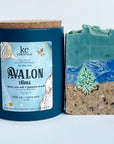 Avalon christmas beach gift set includes handcrafted christmas on the beach soap bar, 5.5 ounces, Avalon candle, 12 ounces, scented with briny sea salt and jasmine musk.