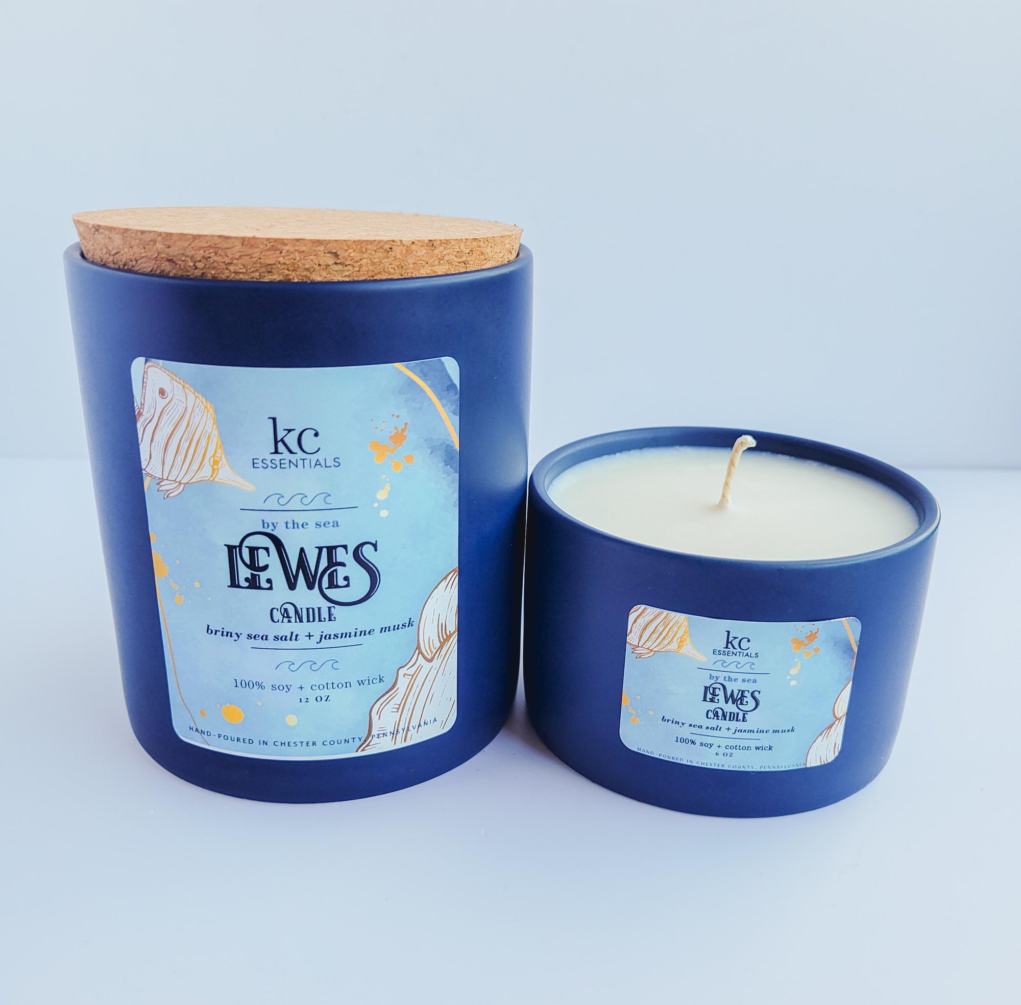 Lewes beach 12 ounce candle made with 100 percent soy, includes cork lid.