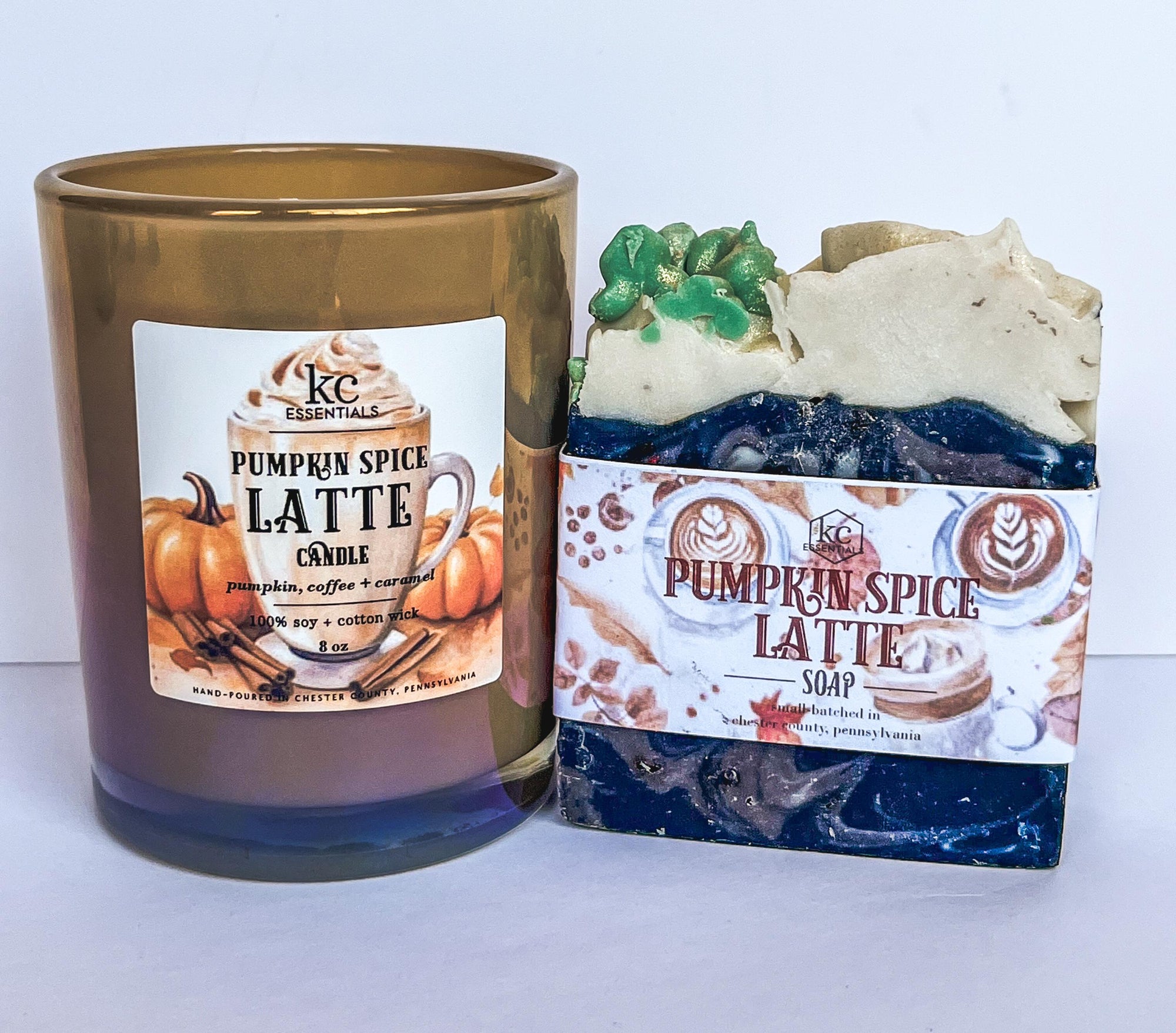 Pumpkin Spice Latte Gift Set, Fall scented candle, 100 percent soy candle, 8 oz soy candle, pumkin spice latte handcrafted bar soap.