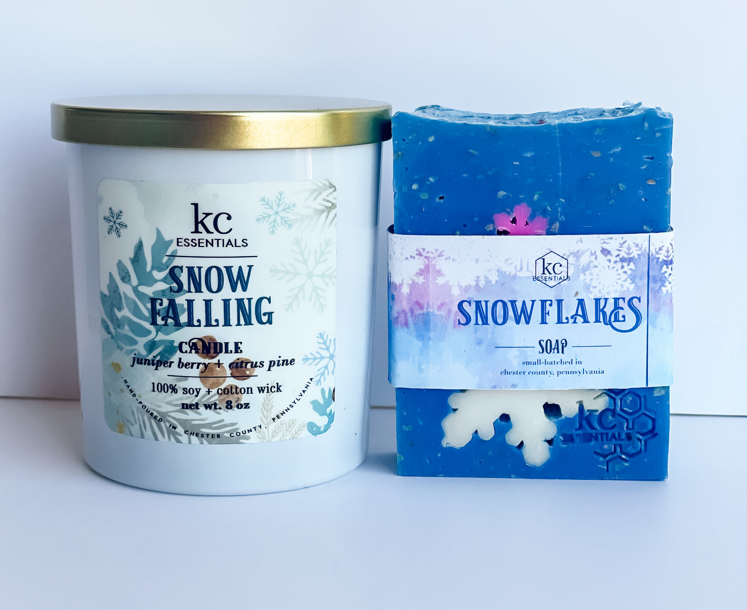 Snow Falling gift set, includes snowflakes handcrafted bar soap, and snow falling 100 percent soy candle, christmas gift set.