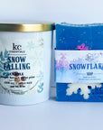 Snow Falling gift set, includes snowflakes handcrafted bar soap, and snow falling 100 percent soy candle, christmas gift set.